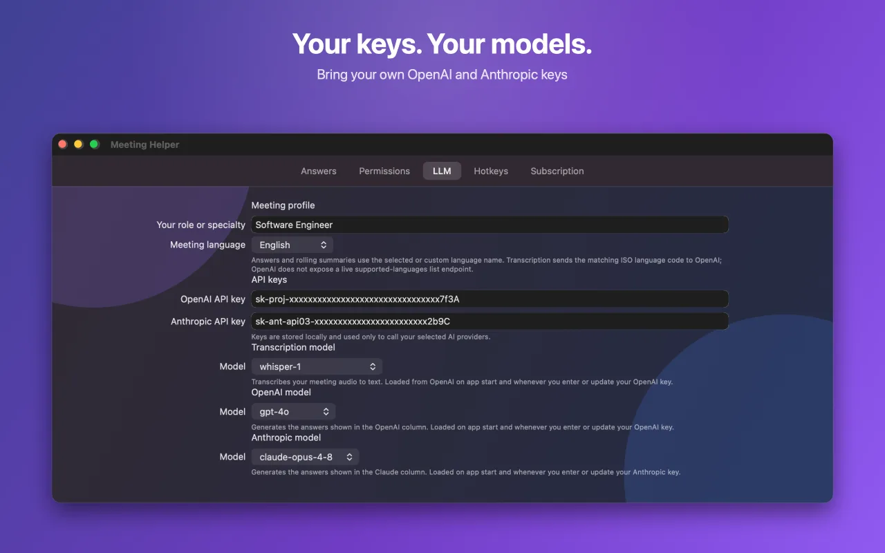 Meeting Helper settings for API keys and model selection