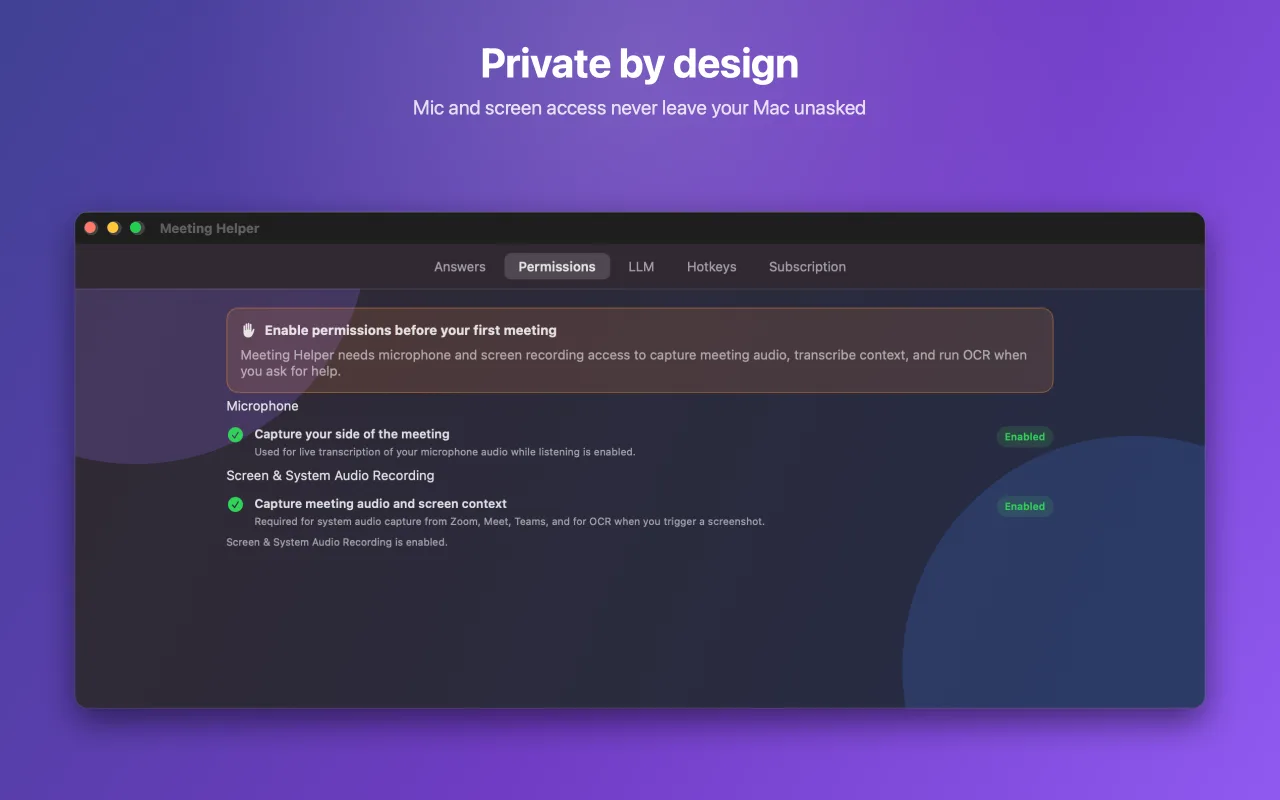 Meeting Helper permissions and privacy screen
